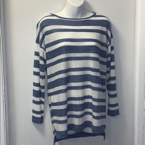 PARKHURST Blue & White Striped Lightweight Linen Blend Sweater-S - Picture 1 of 6